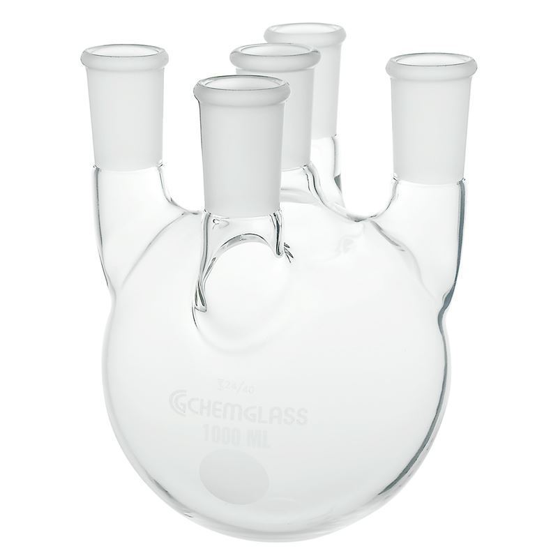 Four 29/42 Side Joint ACE Glass 6957-74 Five Neck Boiling Flask 29/42 Center Joint 6 L Capacity Round Bottom