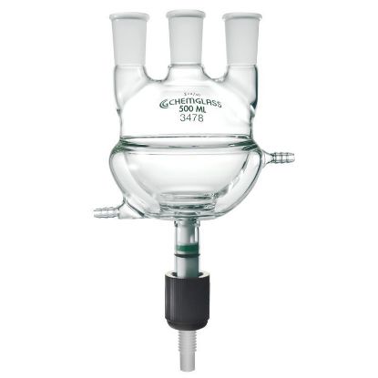 FLASKS, HEAVY WALL, ROUND BOTTOM, 3-NECKS, HALF JACKETED, WITH CHEM DRAIN VALVES