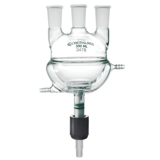 FLASKS, HEAVY WALL, ROUND BOTTOM, 3-NECKS, HALF JACKETED, WITH CHEM DRAIN VALVES
