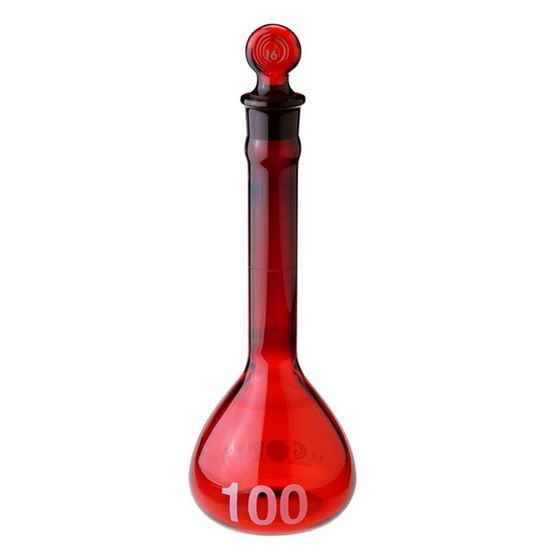 FLASKS, VOLUMETRIC, RED STAINED, CLASS A, WIDE MOUTHS, HEAVY DUTY, LARGE NUMBERS, FLAT BOTTOMS, GLASS STOPPERS