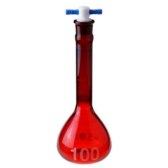 FLASKS, VOLUMETRIC, RED STAINED, CLASS A, WIDE MOUTHS, HEAVY DUTY, LARGE NUMBERS, FLAT BOTTOMS, PTFE STOPPERS