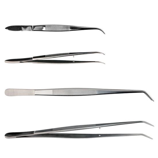 FORCEPS, TWEEZERS, STAINLESS STEEL, DISSECTING, CURVED, SERRATED TIPS