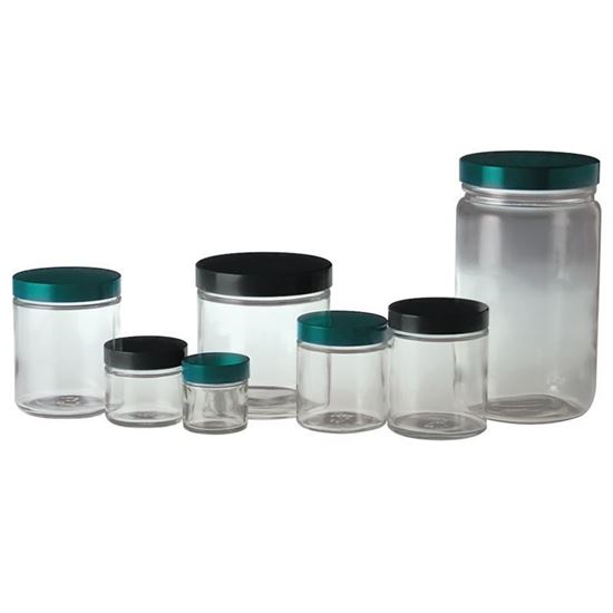 BOTTLES, STRAIGHT SIDED, ROUND, CLEAR, BLACK CAPS