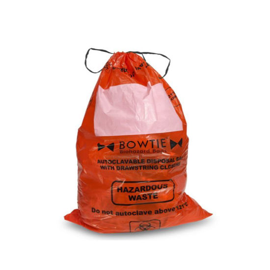BOWTIE BIOHAZARD AUTOCLAVE BAG, WITH DRAWSTRING, LARGE MARKING AREA AND STERILIZATION INDICATOR