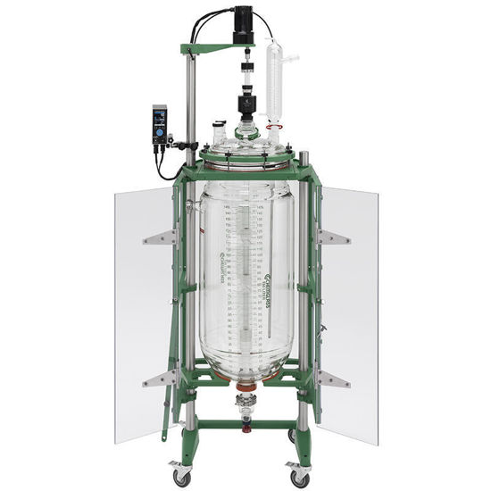 150L PROCESS REACTOR SYSTEM, CYLINDRICAL, JACKETED, GLASS, 400MM FLANGE, BRUSHLESS DC ELECTRIC MOTOR, MECHANICAL SEAL BEARING, MANIFOLD SYSTEM AND SAFETY SHIELDS