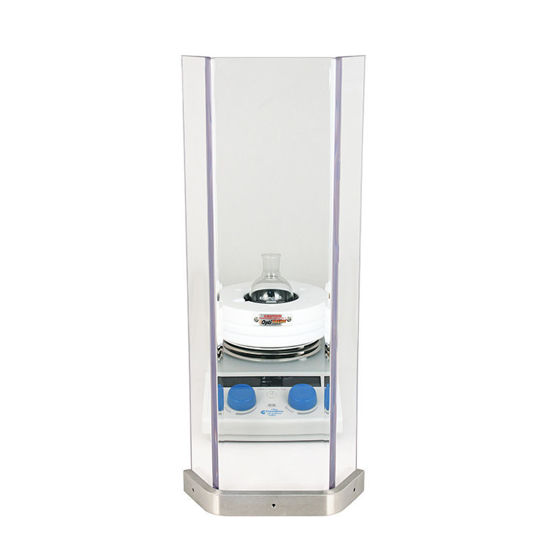 SAFETY AND SPLASH SHIELD, SELF-STANDING, POLYCARBONATE, 14 INCHES OVERALL HEIGHT X 4-INCH-LONG CENTER SECTION WITH 2-INCH-LONG SIDES AND 304 STAINLESS STEEL BASE