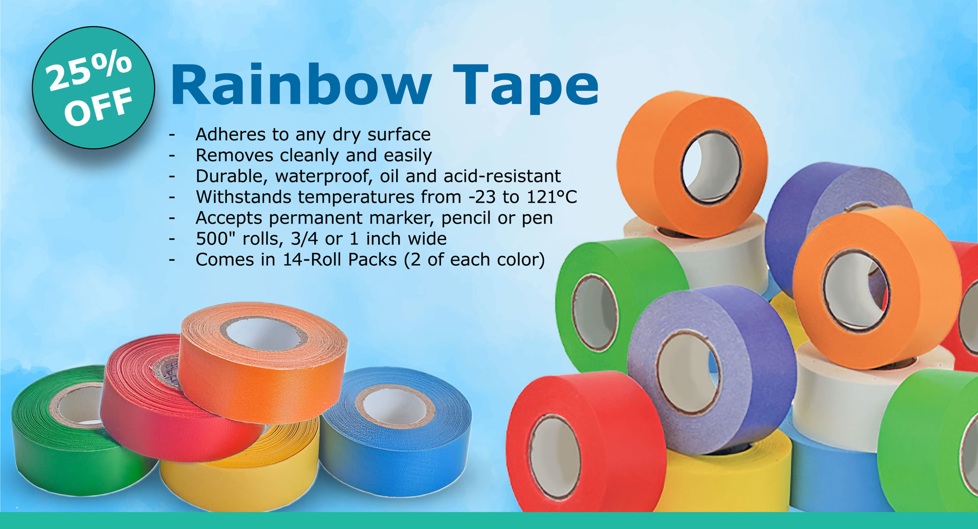 25% OFF 14-roll Rainbow Packs of Labeling Tape