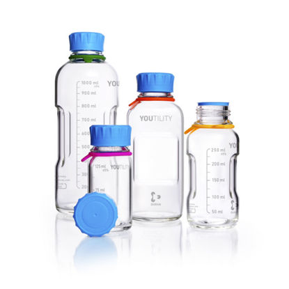 LABORATORY BOTTLE SYSTEMS, CLEAR GLASS, YOUTILITY, GL-45, DURAN, MEDIA