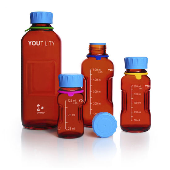 LABORATORY BOTTLE SYSTEMS, AMBER GLASS, YOUTILITY, GL-45, DURAN, MEDIA