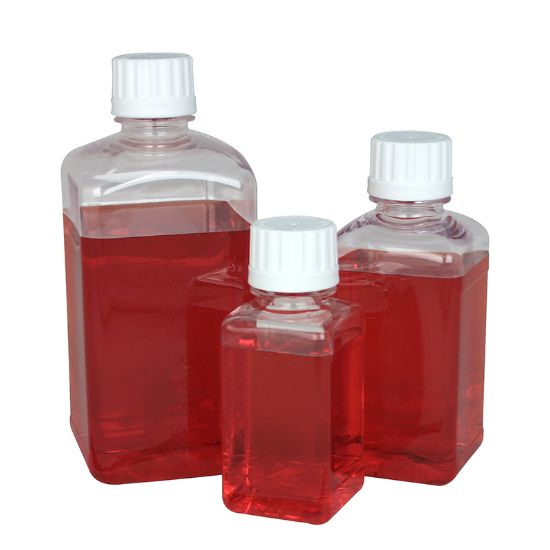 BOTTLES, MEDIA, SQUARE, STERILE, PETG, GRADUATED, PLAIN CAP