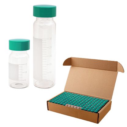 SAMPLE VIALS, CLEAR WITH GRADUATIONS AND MARKING SPOTS, UREA GREEN THERMOSET SOLID CAPS WITH F217 FOAM BACKED PTFE LINERS, LAB-PACS