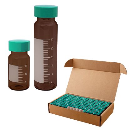 SAMPLE VIALS, AMBER WITH GRADUATIONS AND MARKING SPOTS, UREA GREEN THERMOSET SOLID CAPS WITH F217 FOAM BACKED PTFE LINERS, LAB-PACS