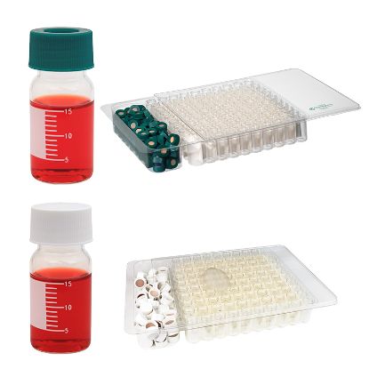 SAMPLE VIALS, CLEAR WITH GRADUATIONS AND MARKING SPOTS, OPEN TOP CAP WITH TFE SEPTA OR SOLID WHITE CAPS WITH TFE SEPTA, CLEAR PETG TRAYS WITH SLIDE OR LIFT OFF DUST COVERS