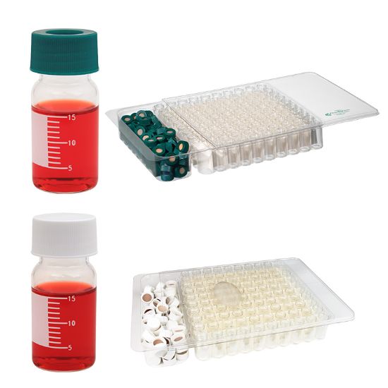 SAMPLE VIALS, CLEAR WITH GRADUATIONS AND MARKING SPOTS, OPEN TOP CAP WITH TFE SEPTA OR SOLID WHITE CAPS WITH TFE SEPTA, CLEAR PETG TRAYS WITH SLIDE OR LIFT OFF DUST COVERS