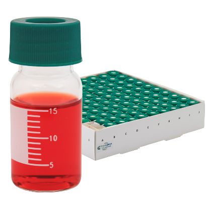 STORAGE VIALS, CLEAR WITH GRADUATIONS AND MARKING SPOTS, GREEN OPEN TOP CAP WITH TFE SEPTA, SBS COATED WHITE TRAYS WITH PARTITIONS