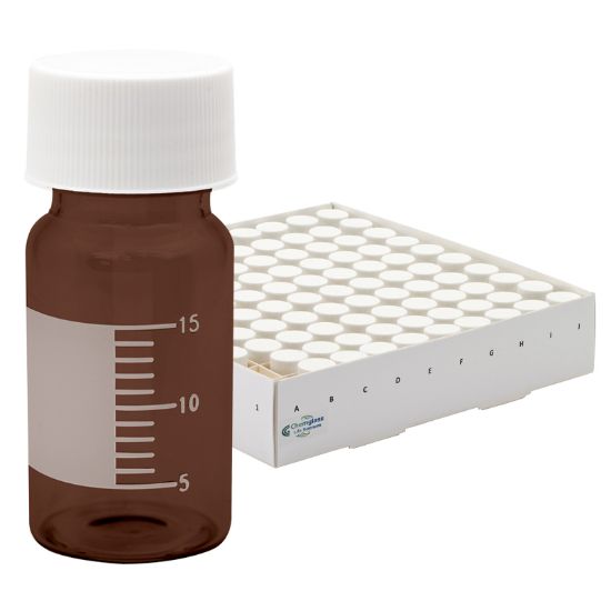 STORAGE VIALS, AMBER WITH GRADUATIONS AND MARKING SPOTS, SOLID WHITE CAPS WITH TFE SEPTA, SBS COATED WHITE TRAYS WITH PARTITIONS