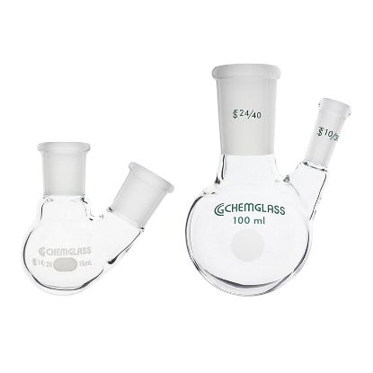 FLASKS, HEAVY WALL, ROUND BOTTOM, 2-NECKS, 15ML TO 100ML