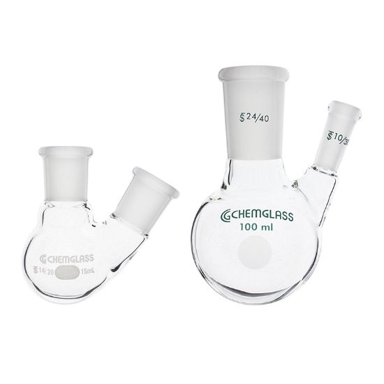 FLASKS, HEAVY WALL, ROUND BOTTOM, 2-NECKS, 15ML TO 100ML