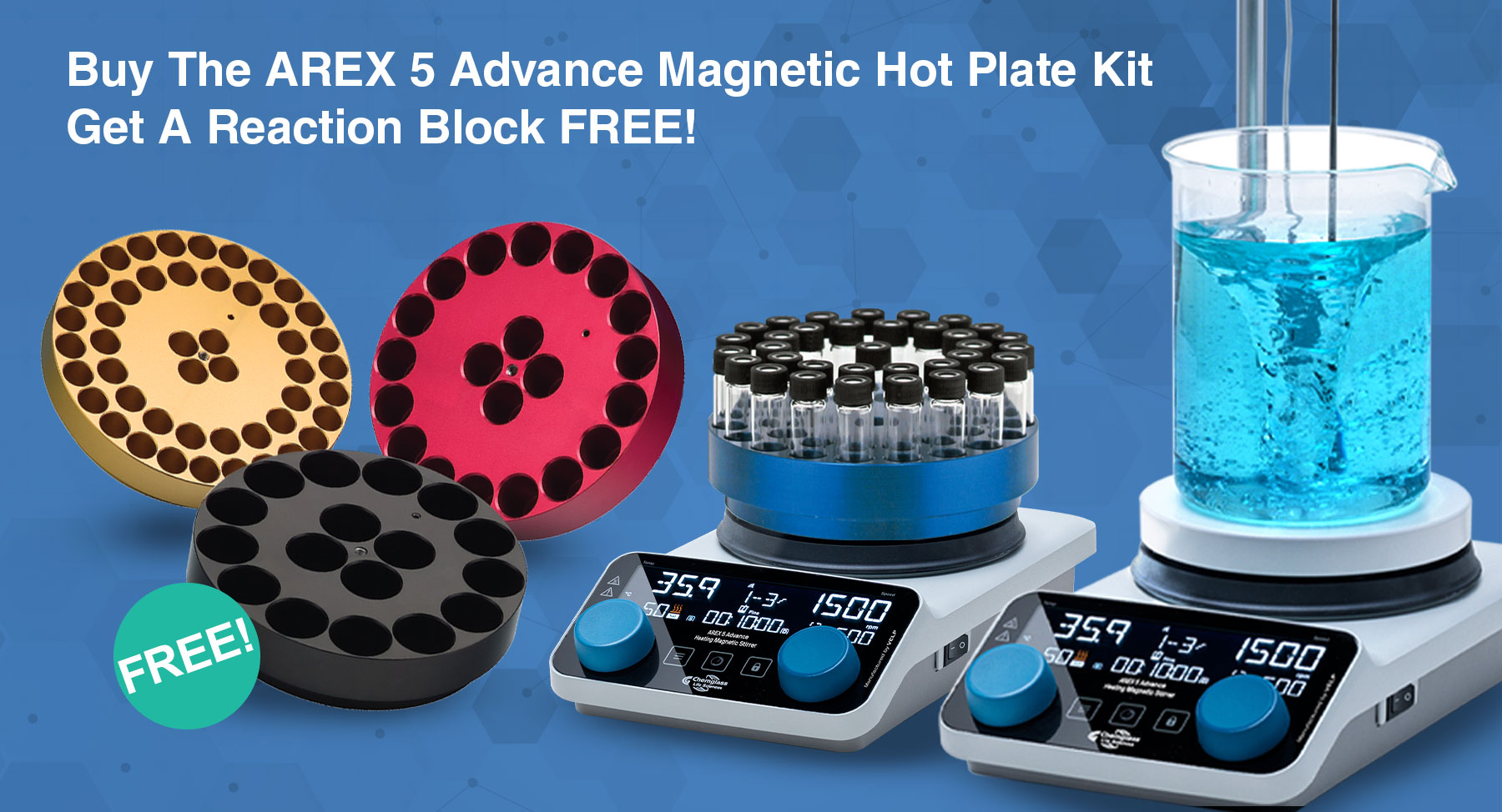 FREE Reaction Block with Purchase of AREX 5 Advance Hot Plate Stirrer Kit