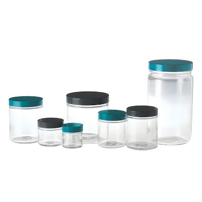BOTTLES, STRAIGHT SIDED, ROUND, CLEAR, BLACK CAPS