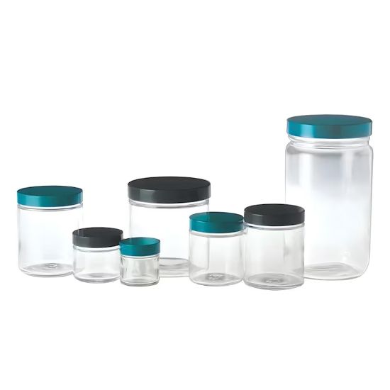 BOTTLES, STRAIGHT SIDED, ROUND, CLEAR, BLACK CAPS