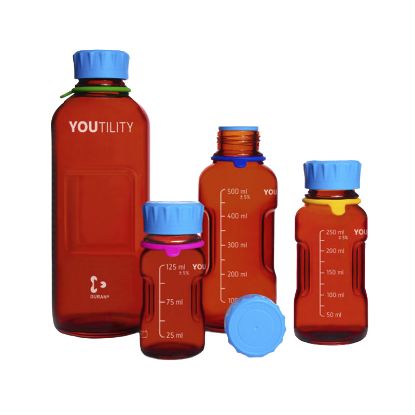 LABORATORY BOTTLE SYSTEMS, AMBER GLASS, YOUTILITY, GL-45, DURAN, MEDIA