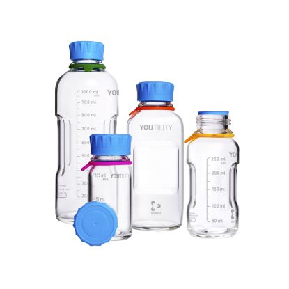 LABORATORY BOTTLE SYSTEMS, CLEAR GLASS, YOUTILITY, GL-45, DURAN, MEDIA